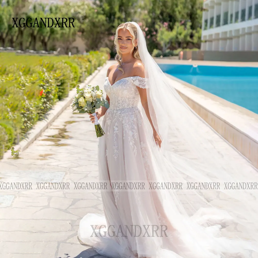 Robe de mariée trapèze personnalisée, élégante, col en V, épaules dénudées, avec des Appliques en dentelle, longue robe de mariée de plage, dos nu, 2026