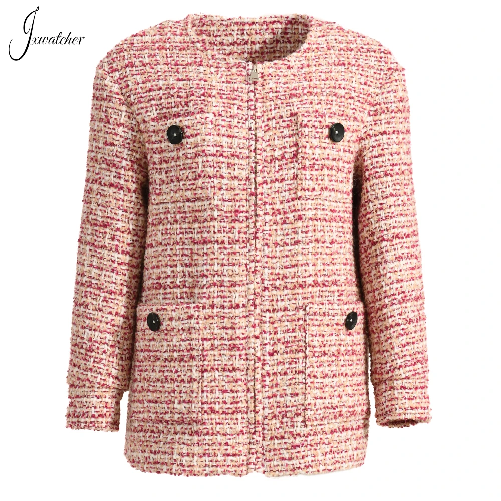 

Jxwatcher Women's Tweed Jacket 2023 New Style O-Neck Zipper Coats Ladies Spring Autumn Fashion Elegance Outerwear Female