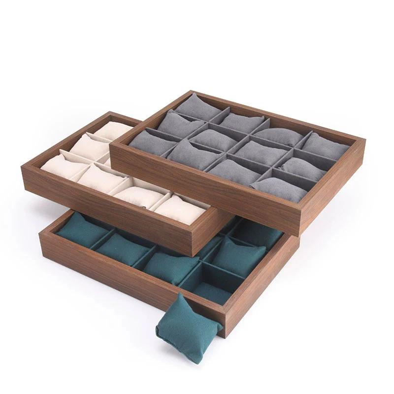 12 Grids Brown Wood Jewelry Watch Bracelet Storage Pillow Tray Headdress Elastic Band Display Organizer