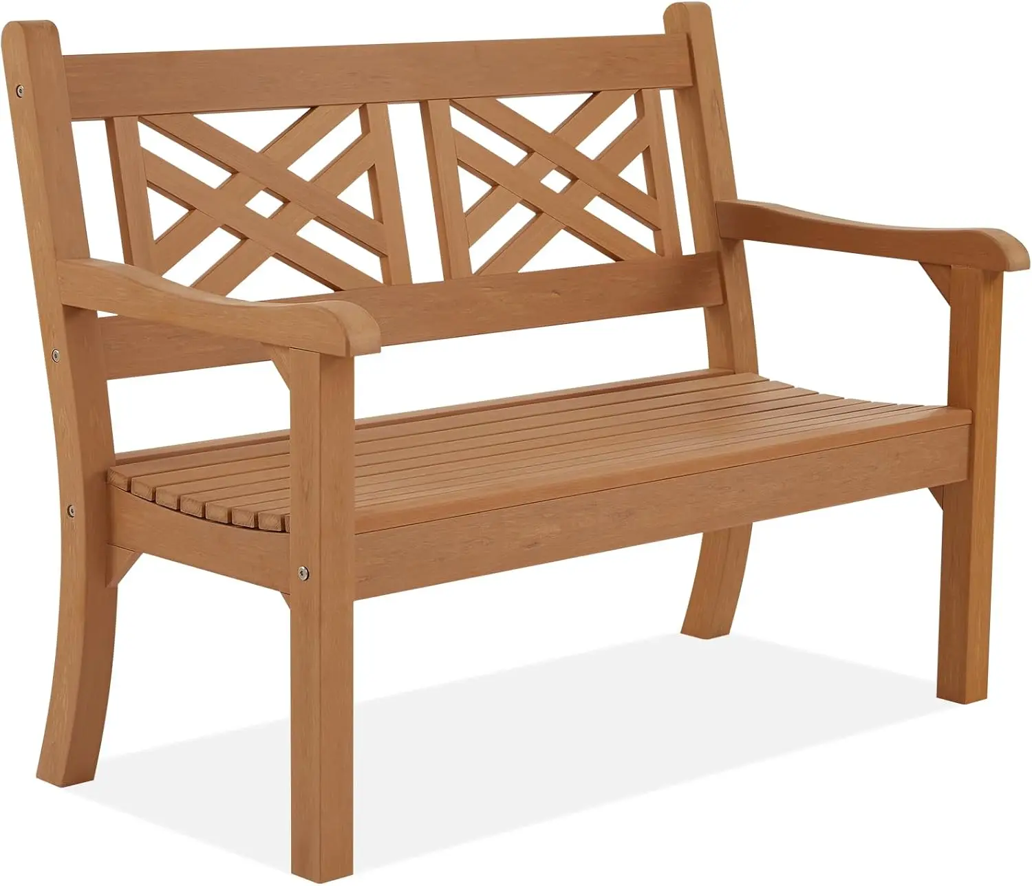All-Weather Teak Color Poly Lumber 2-Person Outdoor Garden Bench with Decorative Backrest, Anti-Fade, for Porch, Backyard, Park