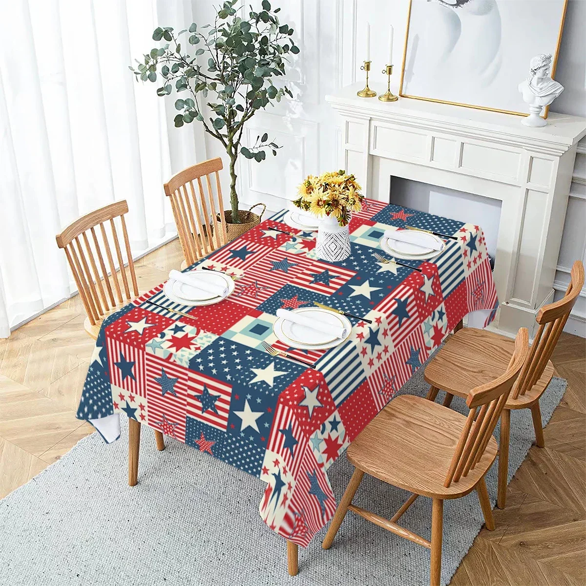 Rectangular Independence Day Flower Household Anti-fouling Tablecloth Coffee Table Waterproof and Oil-proof Fabric Mantel Mes