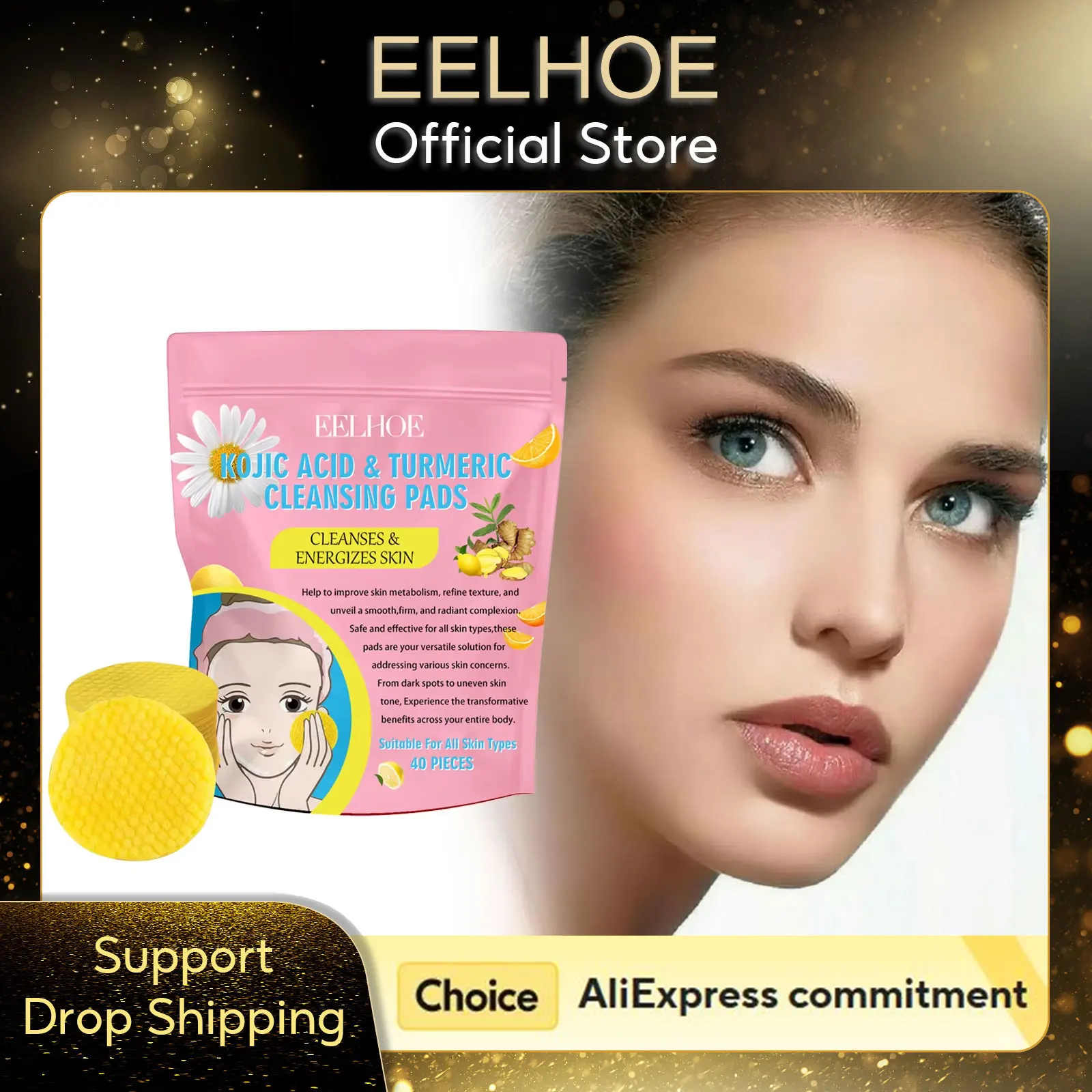 

EELHOE Turmeric Kojic Acid Pads Lighten Skin Brightening Oil Control Pores Remover Pore Shrinking Moisturizing Face Cleaning Pad