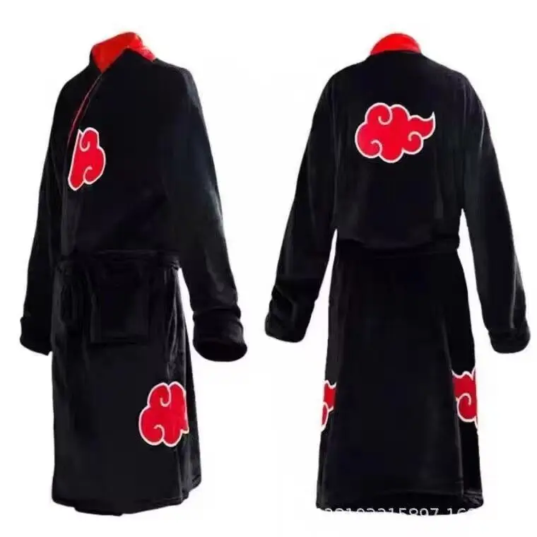 Unisex Adult Naruto Akatsuki Red Cloud Bathrobe Black Flannel Robe with Belt Anime Cosplay Sleepwear Loungewear Halloween Party