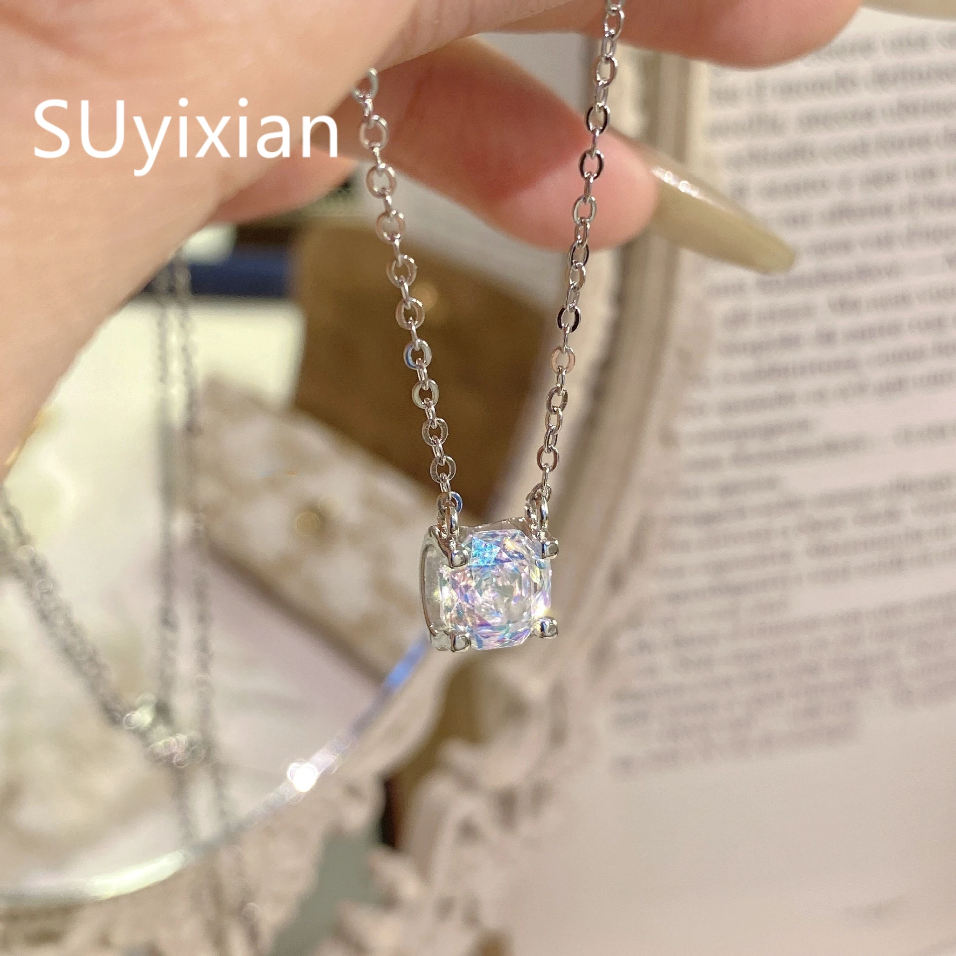925 Sterling Silver Fashion Shine Octagonal Millennium Rose Cut Zircon Necklace Birthday Party Anniversary Gift Ladies Jewelry