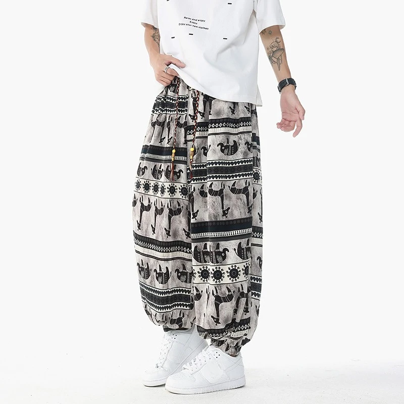 Holiday Style Printed High Waisted Drawstring Pants Ethnic Style Lantern Pants Men's Loose Casual Ice Silk Wide Leg Pants