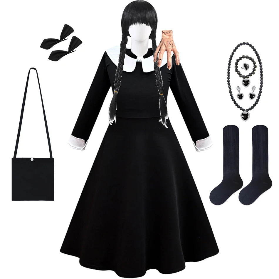 

Girl Adams Cosplay Dress Halloween Party Evil Witch Costume Kids Black Long Sleeve Frocks Dark Theme Role Playing Outfits