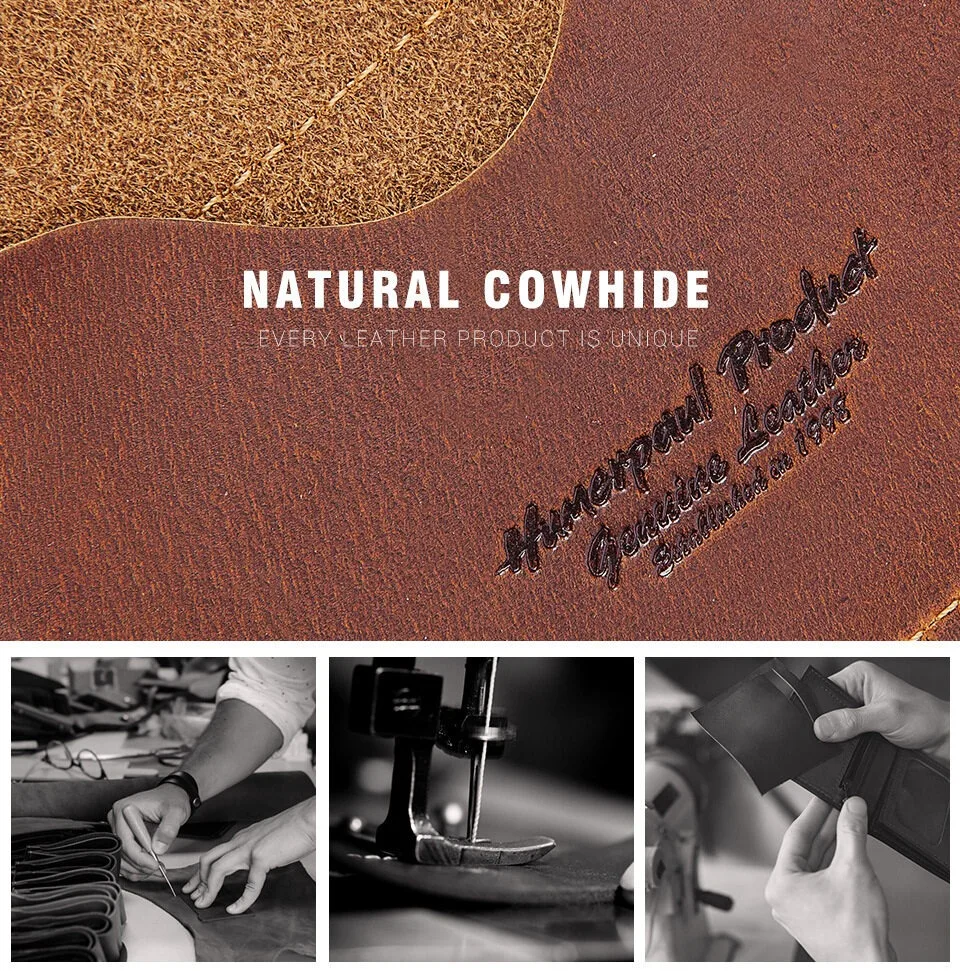 【Genuine Cow Leather】HUMERPAUL Brand Men's Wallet Credit Card Cover Retro RFID Anti-Theft Coin Pocket Male Fashion