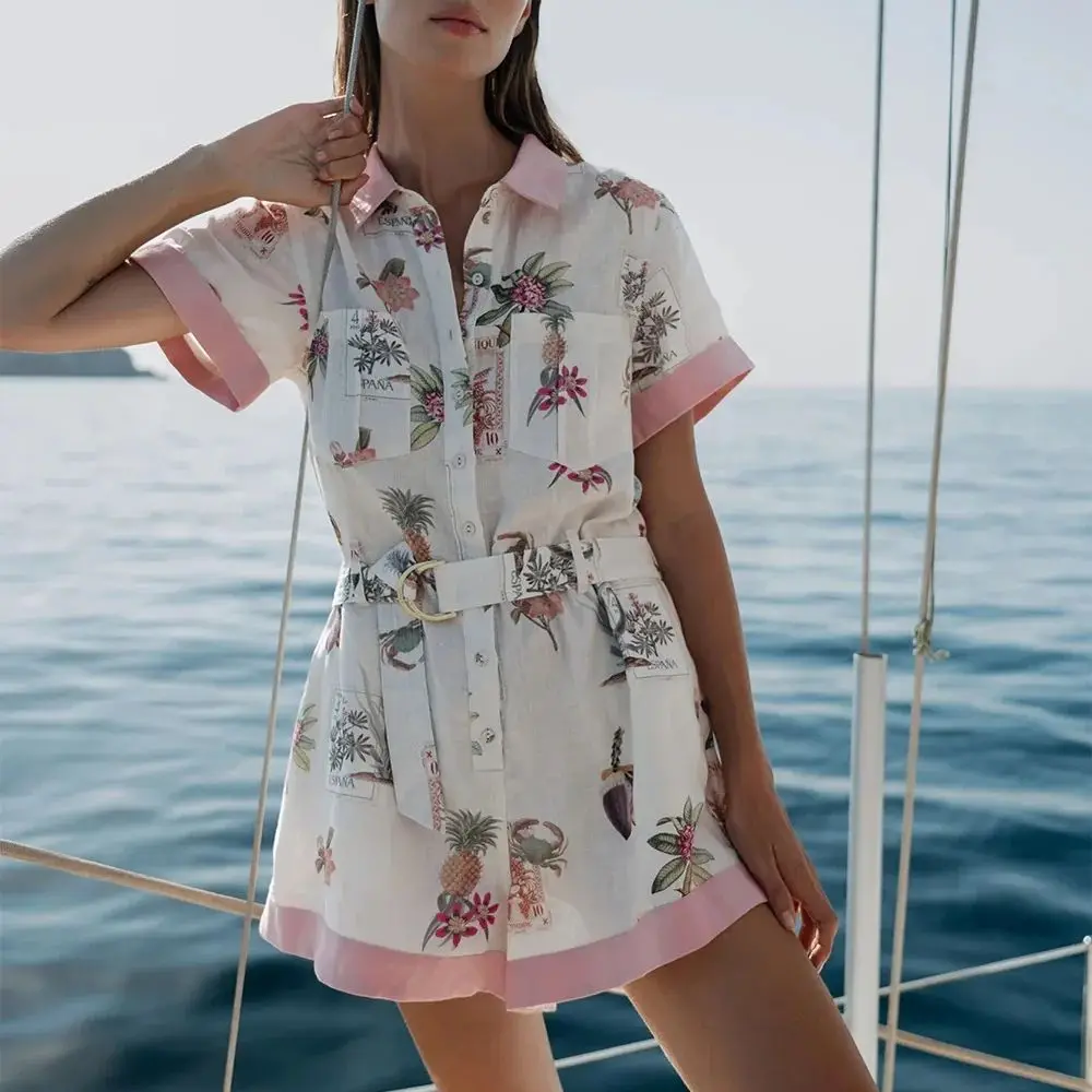 

Женский модный комбинезон из хлопка и льна с принтом, коротким рукавом, отложным воротником, высокой талией и застежкой на пуговицах