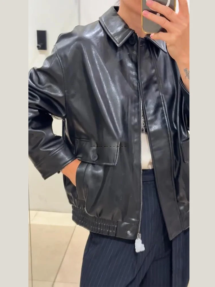 

Causal Loose Leather Jacket Women Pockets Chic Fashion Leather Coat Female 2025 Early Autumn Streetwear High Street Coat