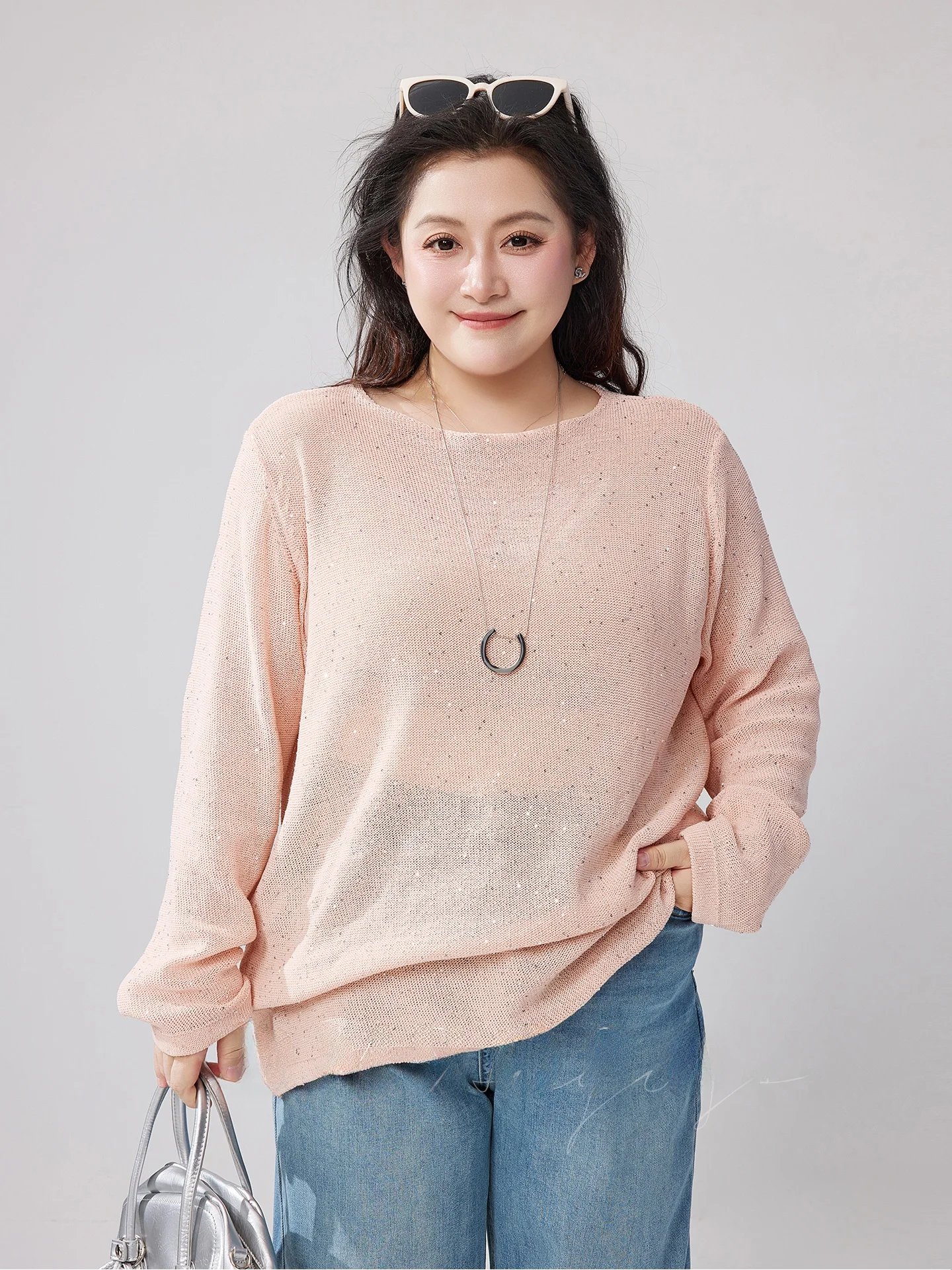 

iny Sequin Knit Top Loose Fit Thin New Arrival Spring Bright Sparkling Base Layer irt oulder Width Regular Sve Long