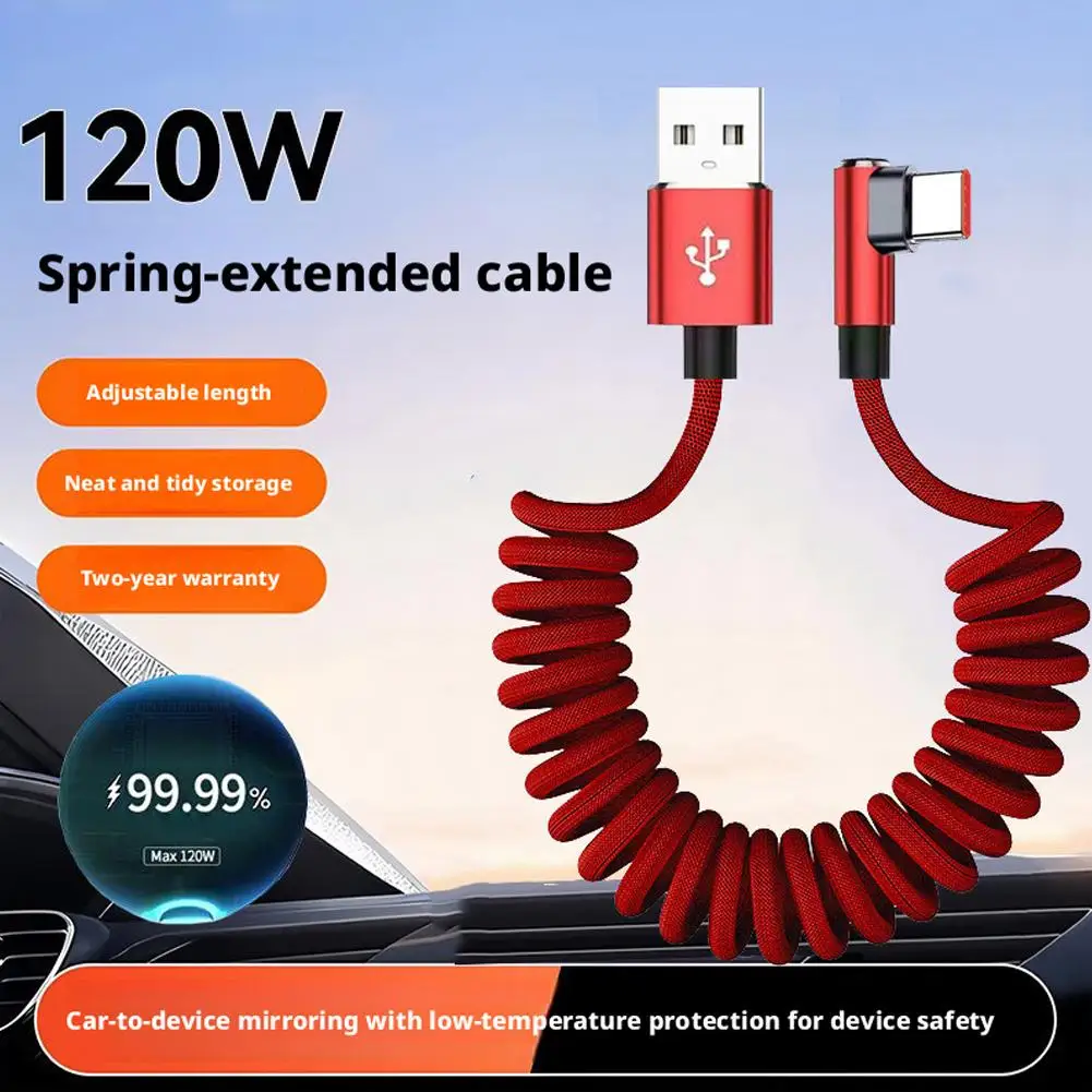 120W Fast Charging Coiled USB Type-C Cable 90-Degree L-Shape Retractable Spring Data Cord for Car Gaming & Mobile Phones