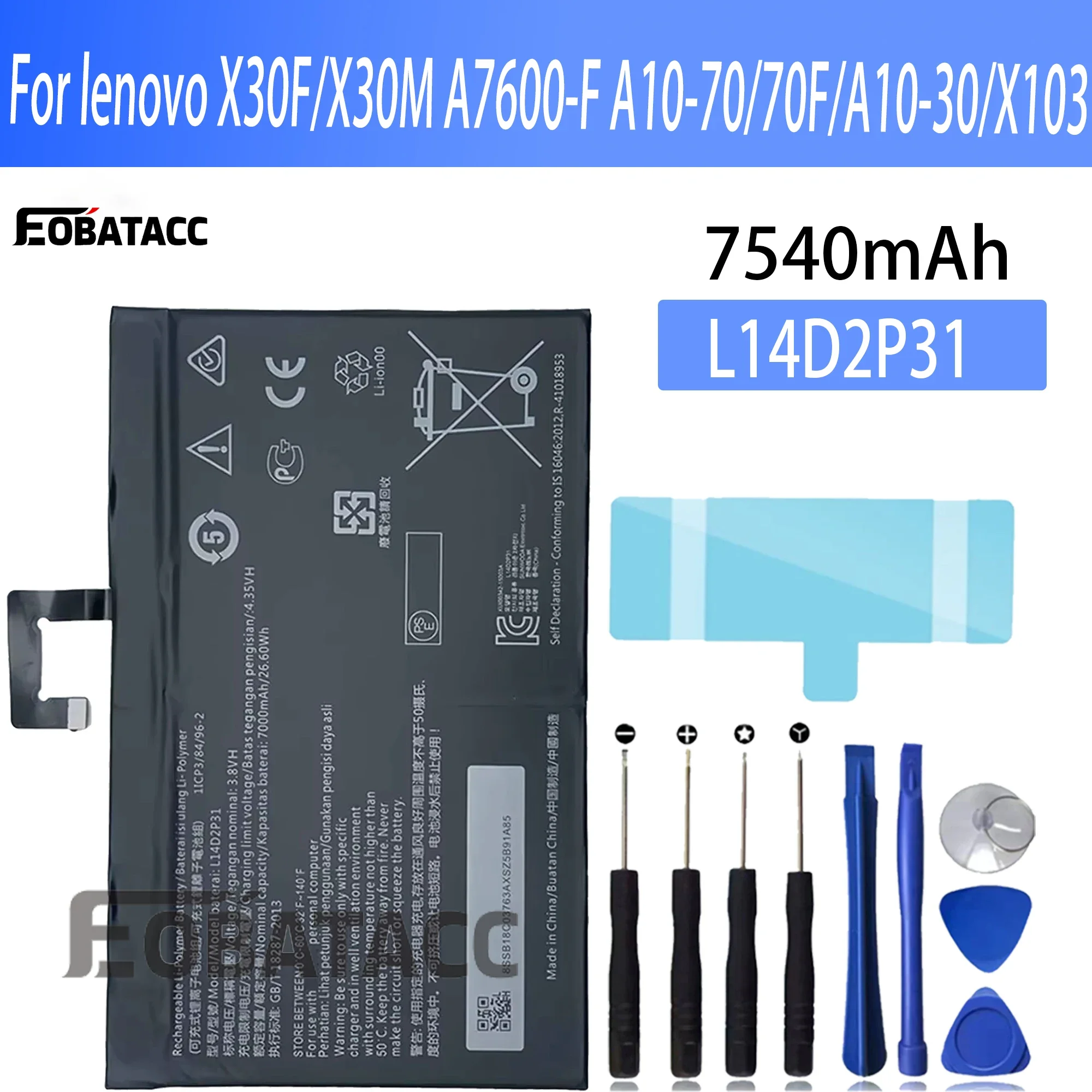 100% New Original Battery L14D2P31  For lenovo  X30F/X30M A7600-F A10-70/70  A10-30/X103Battery + Free Tools