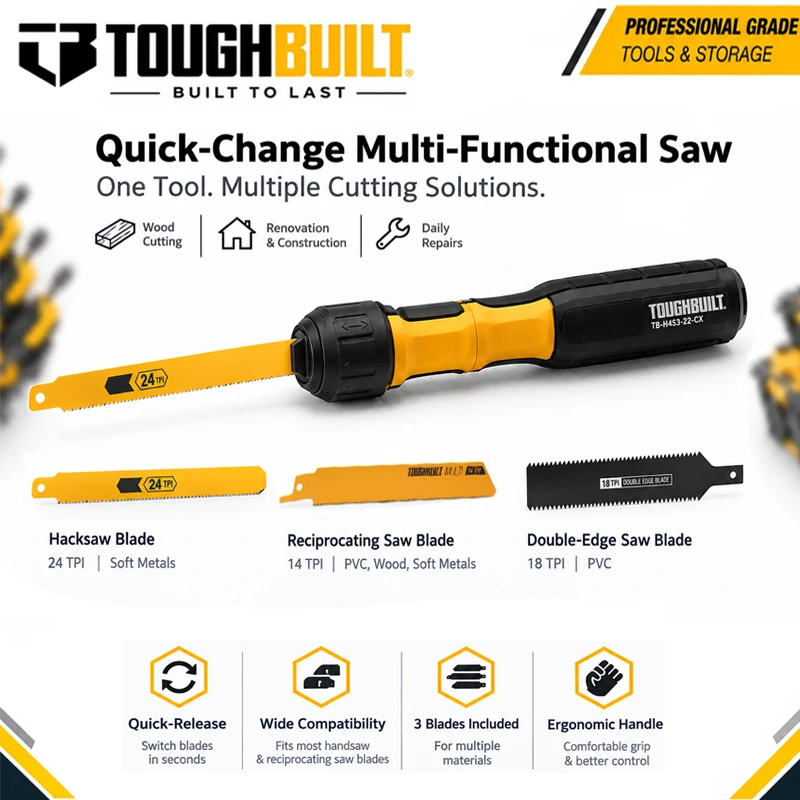 TOUGHBUILT TB-H4S3-22-CX 3-in-1 Multi-function Hand Saw, Quick Install Design with 3pcs Saw Blades for Wood Soft Metal Cutting