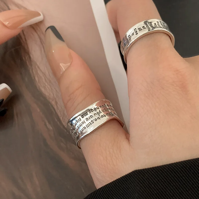 Letter Wide Ring Women\'s Vintage Fashion Hip Hop Silver Color Open Index Finger Ring Fashion Jewelry