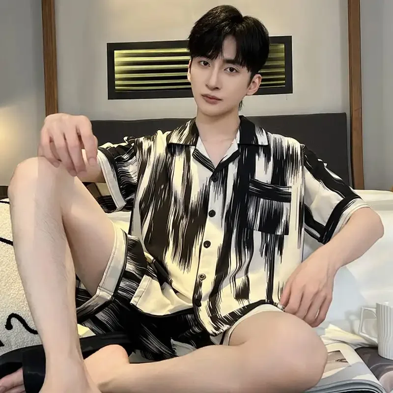 

Men's Ice Silk Pajama Set Short Sleeve Abstract Print Casual Homewear Loungewear