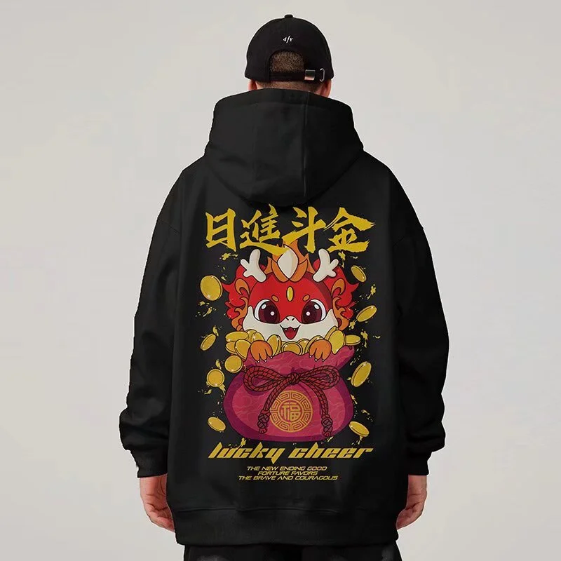 Lucky Cheer Dragon Printed Hoody Man Y2K Streetwear Clothes Fleece Hip Hop Loose Fashion Pullover Sweatshirts Graphic Hoody