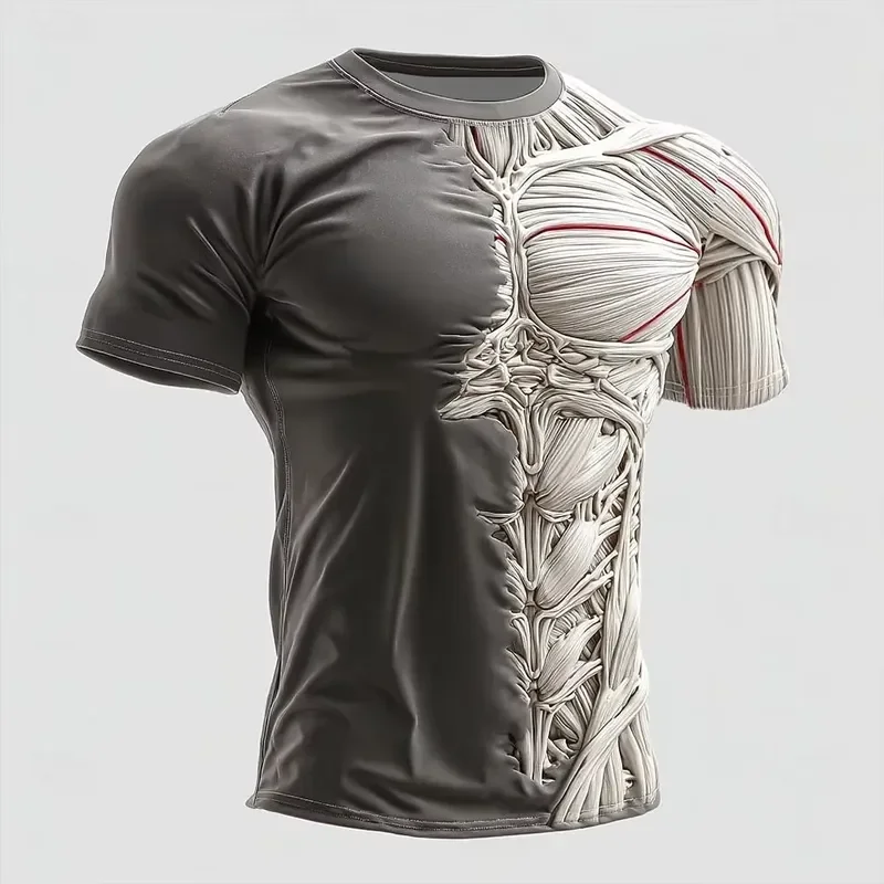 3D Print Muscle Texture Optical Illusion T Shirt Men 2026 Streetwear Oversized Short Sleeve Tee Loose Casual Top Fashion