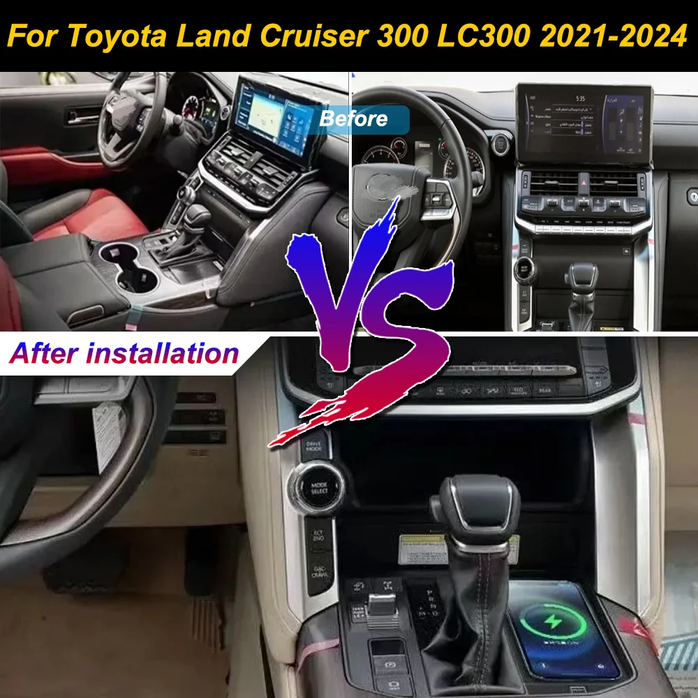 Carregador sem fio para celular, com suporte para iPhone e carregamento rápido, para console central do Toyota Land Cruiser LC300 2021-2024.