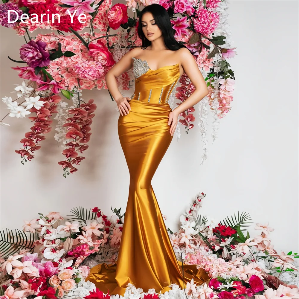 

Prom Gown Saudi Arabia Formal Dearin Strapless Mermaid Floor Length Skirts Layered Fold Hugging Sleeveless Bead Bespoke Occasion