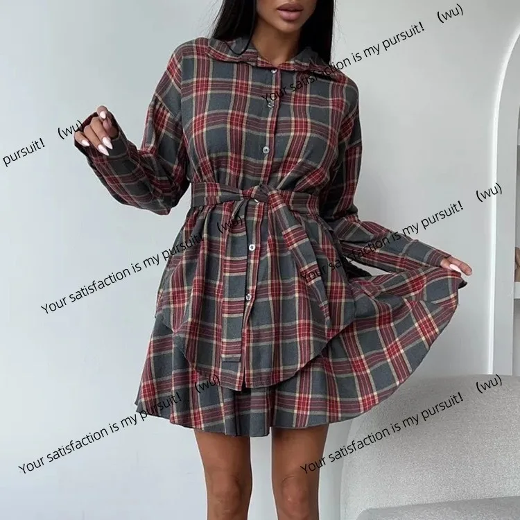 

New fashion casual plaid skirt set women's lapel loose shirt strap pleated skirt two-piece set