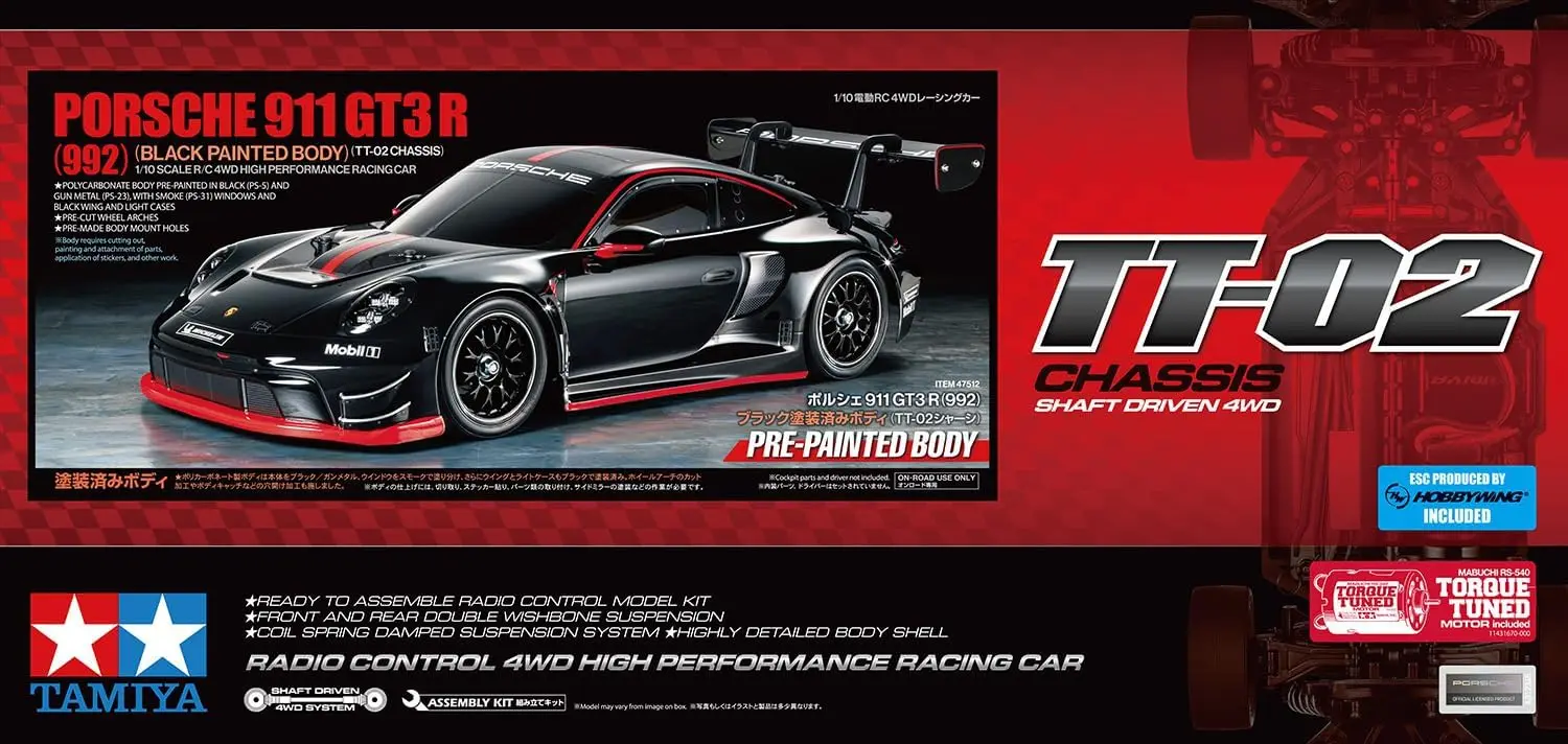 47512 1:10 RC Porsche 911 GT3R (992) Painted TT-02 – Remote Control Car, Vehicle, Model Making, Assembly, Hobby, RC Kit
