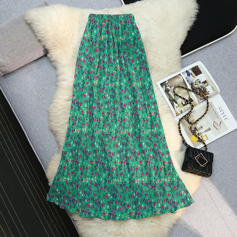 Seoulish Elegant Green Floral Print Mermaid Skirt Women High Waist A Line Long Skirt Summer Fashion 2026