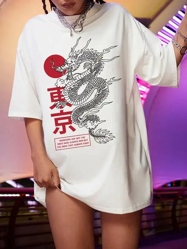 Oversized T-shirt Women Harajuku Chinese Dragon Print T Shirt Casual Short Sleeve Streetwear Tops Female T-Shirt Summer Clothing