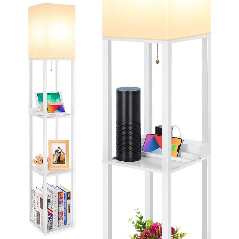 LED Shelf Floor Lamp, Modern Standing Lamp with 1 USB Port and 1 Type C Port and 1 Power Outlet, 3-Tiered Display