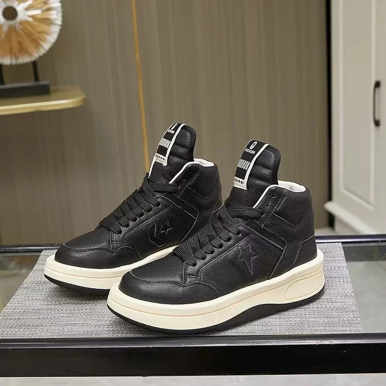 Chaussures décontractées à tête ronde en cuir noir pour hommes et femmes, plate-forme respirante de créateur pour augmenter le sport, nouveau, 2021