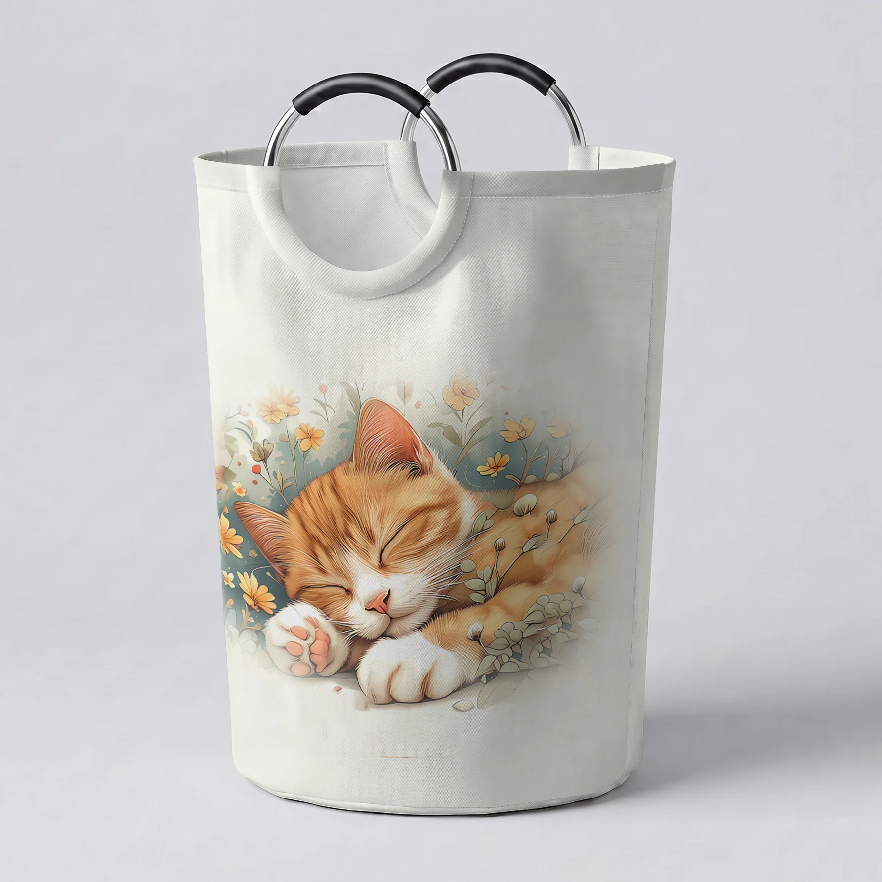 Sleeping Cat Among Flowers Print Handheld Storage Basket, For Laundry, Bedroom & Home Sundries Storage