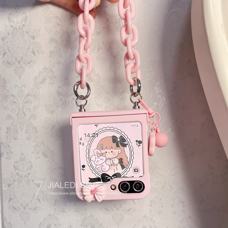 Cute Bracelet Bow Pink Hinger Phone case For Samsung Galaxy Z Flip 3 4 5 6 flip6 zflip5 Cover