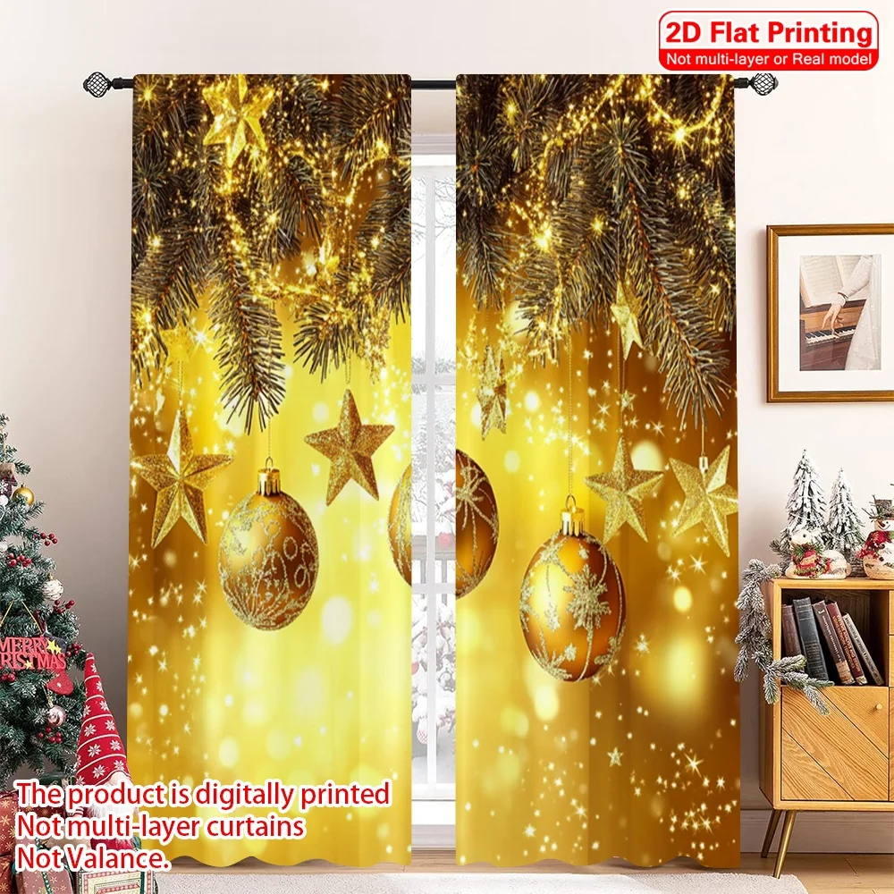 2pcs 2D flat printing Christmas Hot Party Curtains Golden Deluxe Christmas Ball scopic and stylish 100% polyester fiber Spring