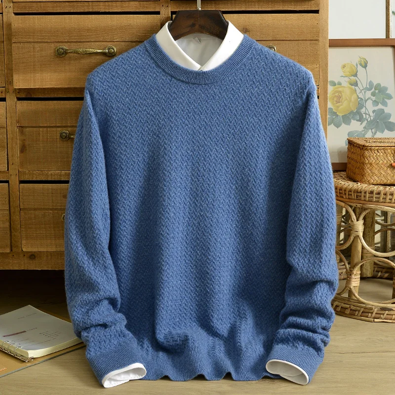 Pure cashmere sweater men's round neck men's sweater thickened twisted knitted middle-aged loose warm bottoming shirt winter