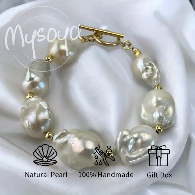 

MYSOYA 12-14 мм большой белый браслет из пресноводного жемчуга в стиле барокко с подарочной коробкой идеальный подарок на день рождения, свадьбу, годовщину, ювелирное изделие