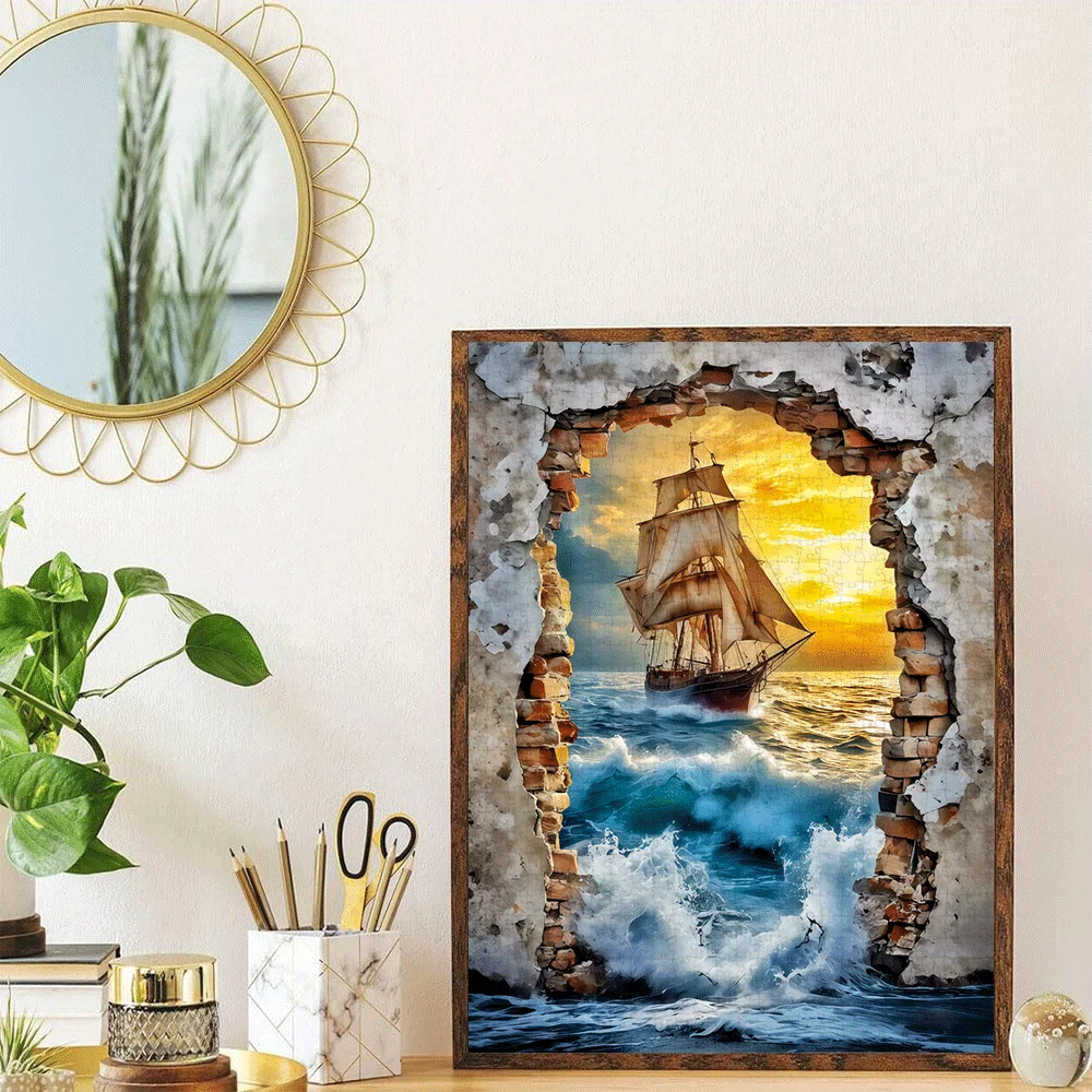 Puzzle dla dorosłych, składające się z 1000 elementów, przedstawiające żaglówkę na burzliwych morzach, uzupełnione zniszczonymi murami z cegły. I