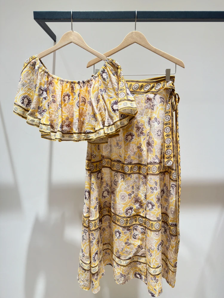 

Летний комплект с цветочным принтом: топ на одно плечо и юбка, женская модная одежда в стиле ретро, из смесового хлопка, с коротким рукавом и круглым вырезом