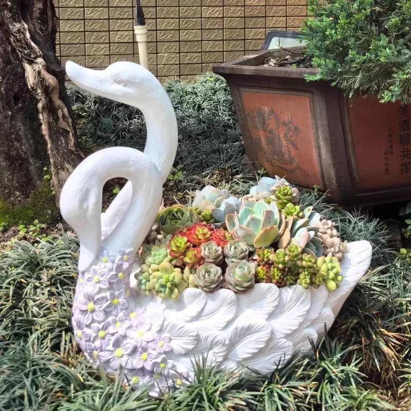 Swan Shaped Garden Planter Roman Column Animal Statue for Outdoor Decor Elegant Villa Entrance Ornament Lawn Art for Landscaping