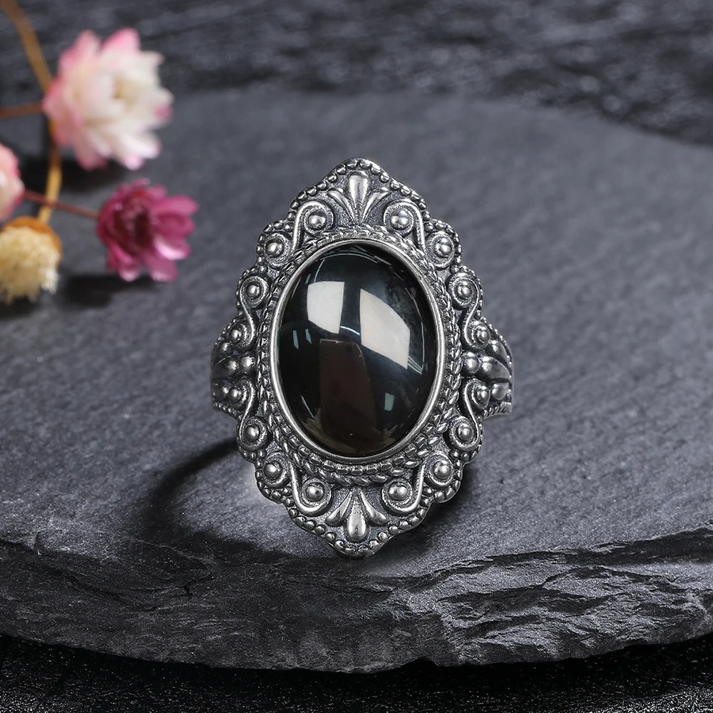 S925 Sterling SilverRing for Women Oval Round Natural Black Agate Ring Gift Sun Shaped Retro Luxury Fine Jewelry