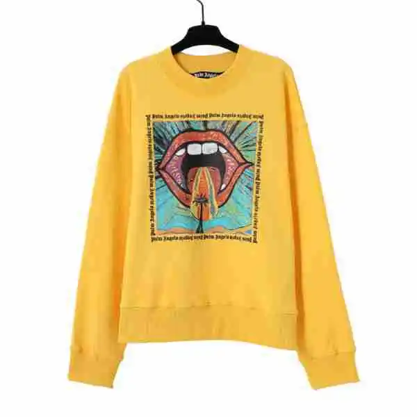 Trendy brand palm angels high gram weight men's and women's same yellow big mouth print crew neck sweater