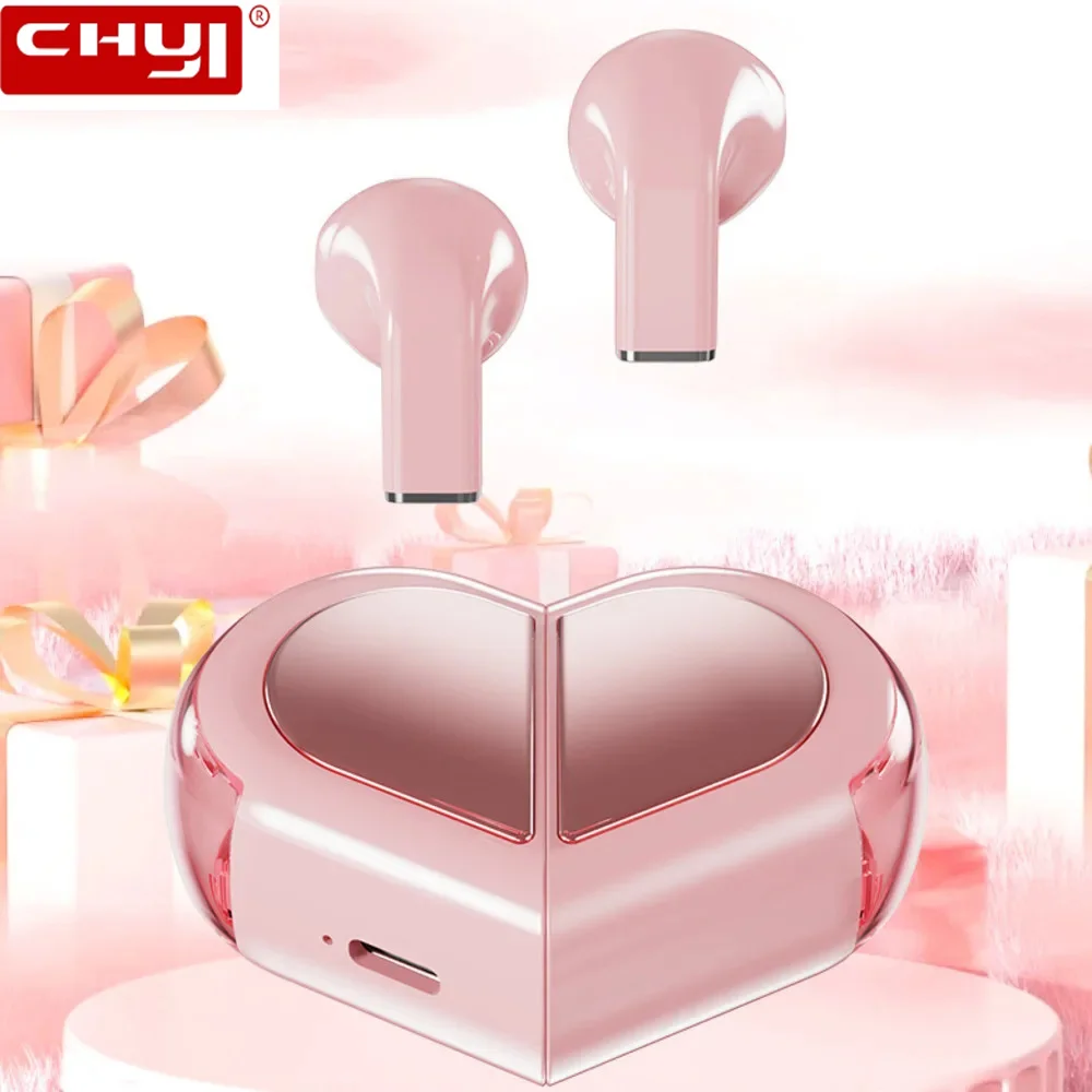 

Pink Bluetooth Earphones Creative Rotatable Cute Love TWS 5.3 Wireless Headphones Heart Shaped Headsets with Mic For Girls Gift