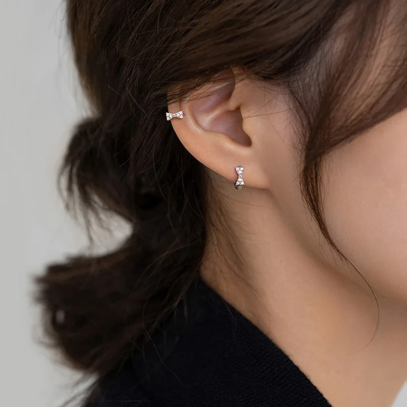 925 Sterling Silver Sparkling Zircon Bowknot Mini Hoop Earrings For Women Classic Fine Jewelry Ear Bone Accessories