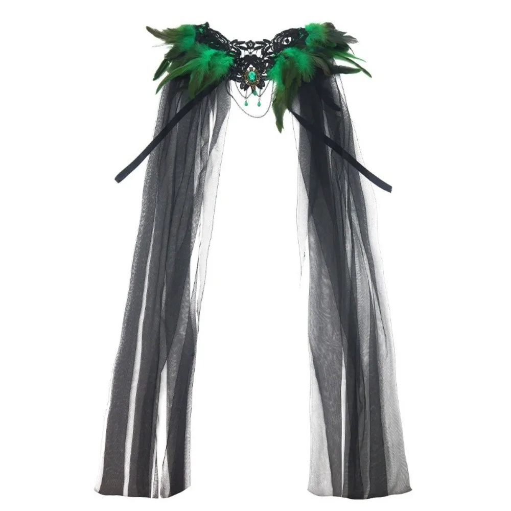 Black Halloween Feather Cloak Fur Collar Mesh Fringe Hollow Lace Mesh Cape Flowing Elegant Festival Costume Cape