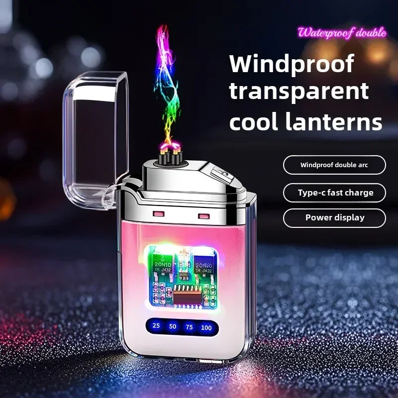 2024lighter transparent case gradual change color electronic pulse windproof double arc cigarette lighter send boyfriend pistol