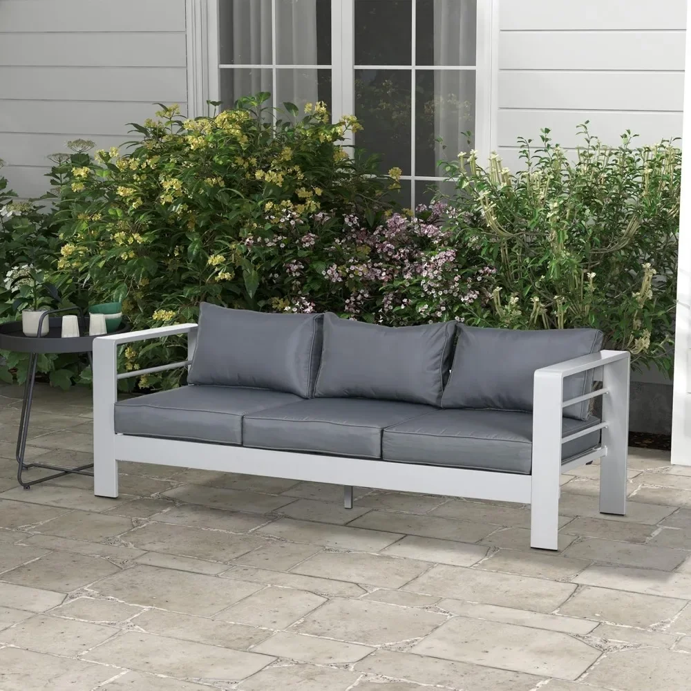 Modern courtyard furniture, 3-seater aluminum outdoor sofa, wide armrests with thick soft cushions and cushions, gray