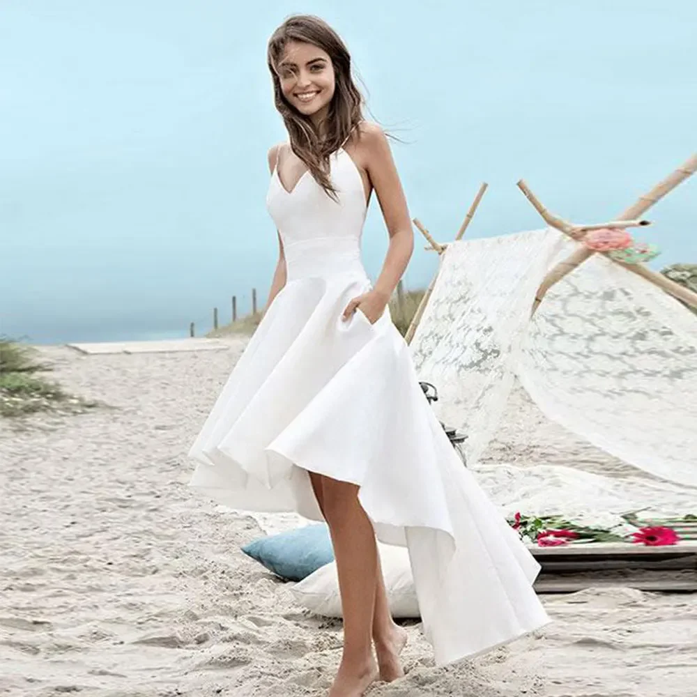 

Satin Wedding Dresses Short V-Neck A-Line Backless Zipper Spaghetti Strap Sleeveless Pockets High Quality Bride Dress Customized