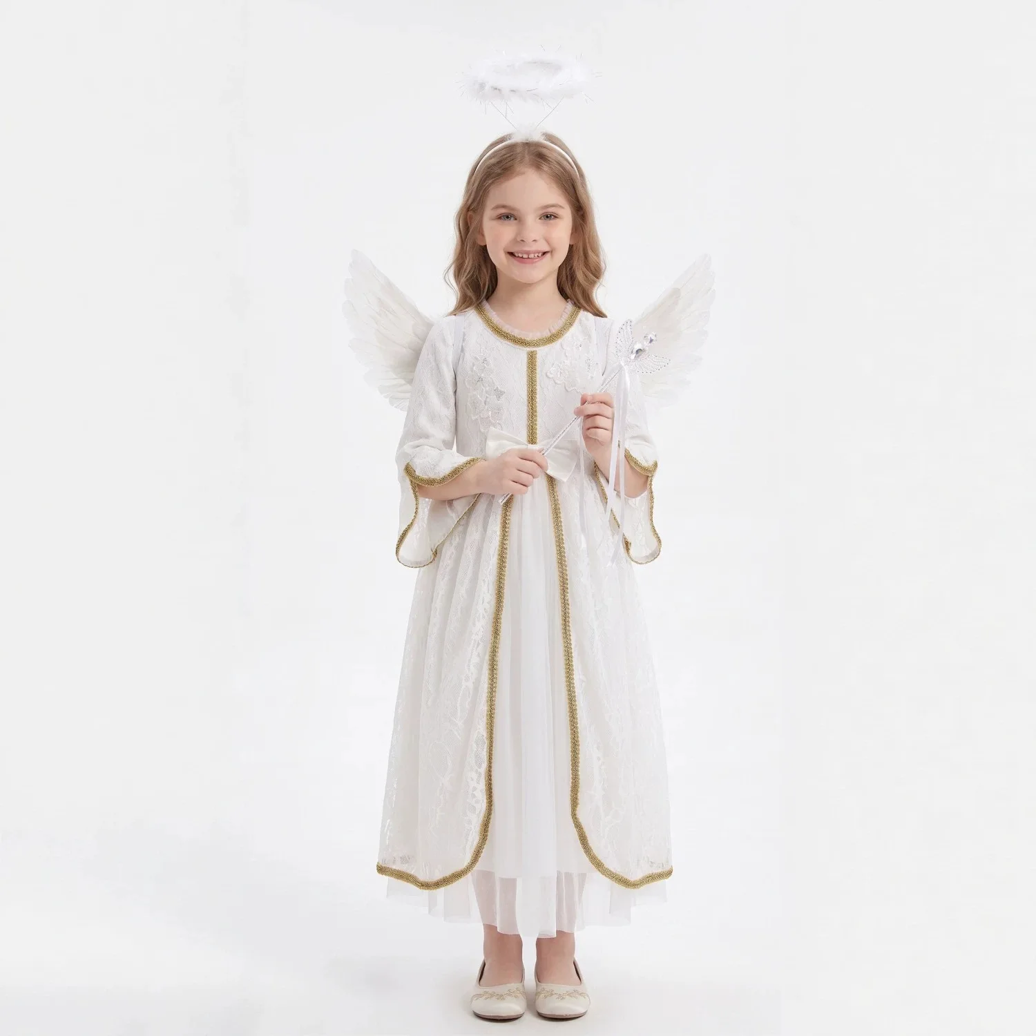 White Angel Princess Performance Skirt for Little Girls Halloween Dance Costume Children's Stage Outfit Polyester Fiber
