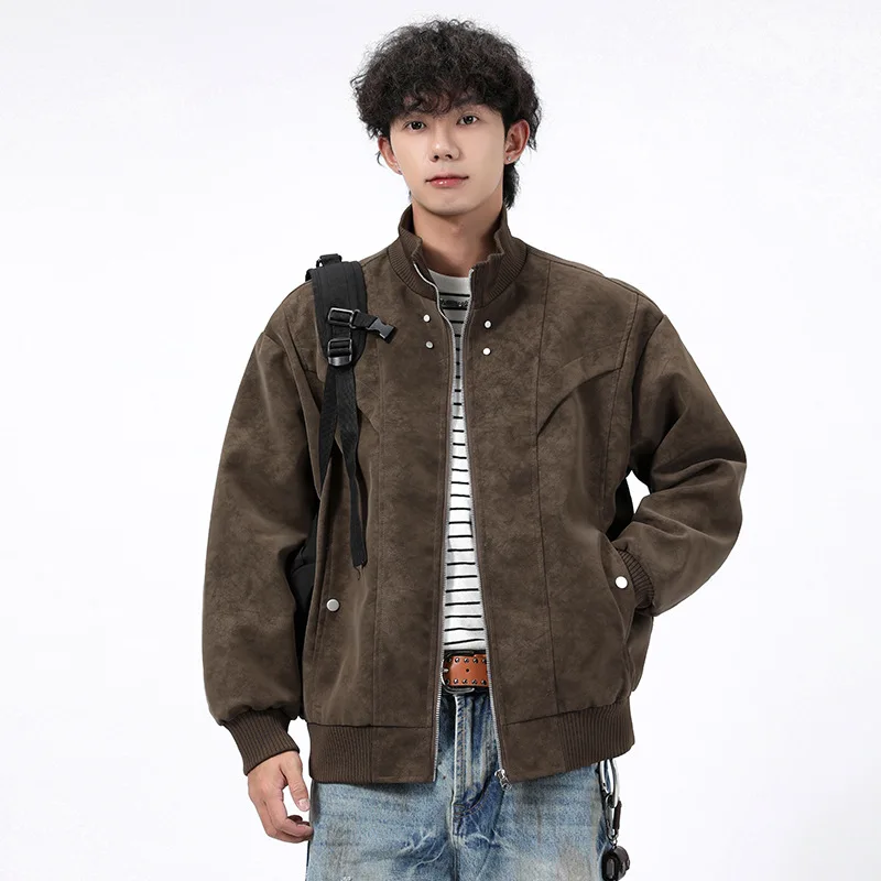 

Loose Fit Men's PU Leather Jaet Retro Hong Kong Sle Couple's Outerwear Fce Lined Long Sve Polyester Fiber