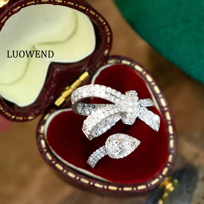 LUOWEND 100% 18K White Gold Rings Luxury Romantic Style Real Natural Diamond Cocktail Ring for Women High Party Jewelry