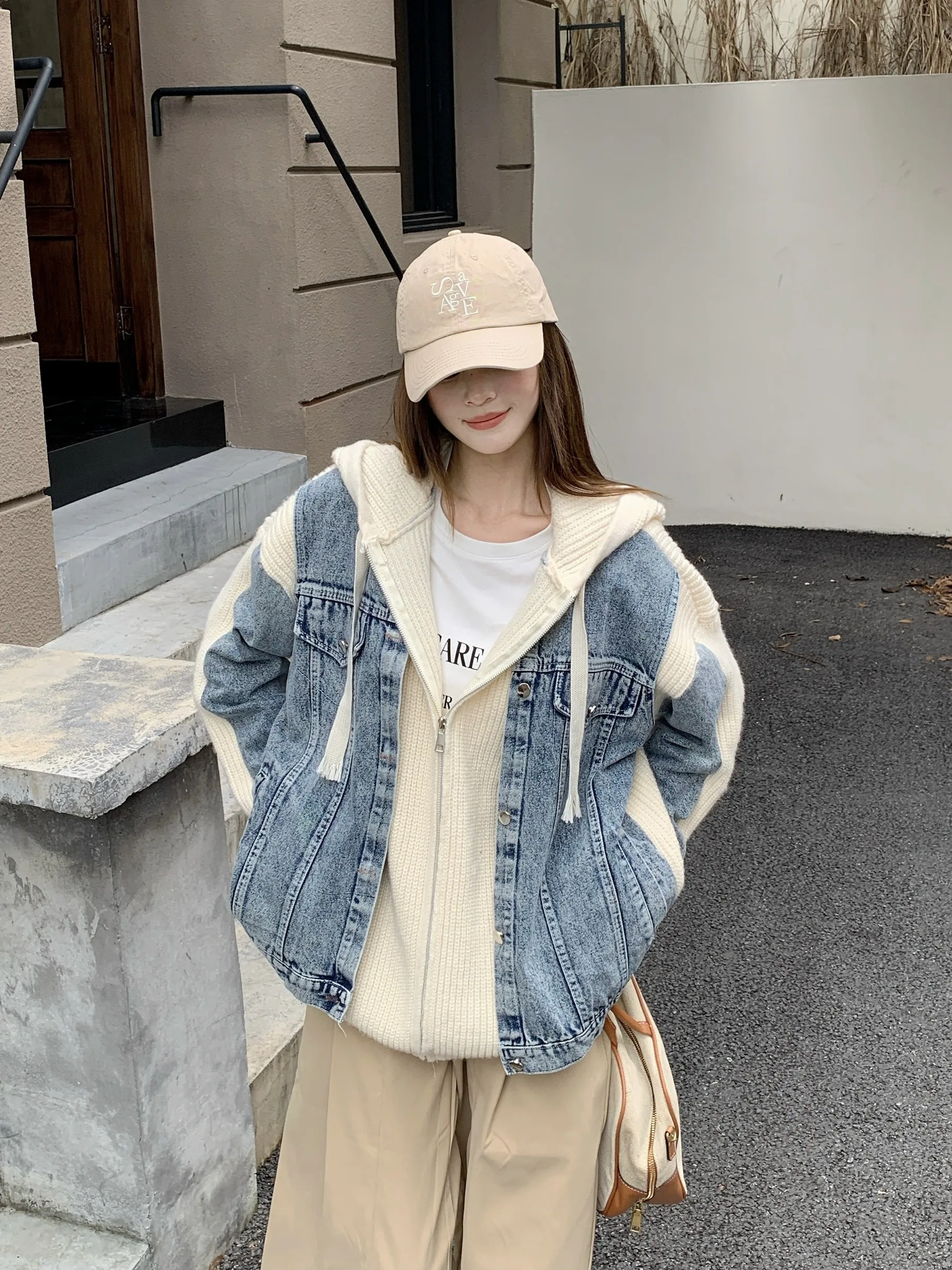 

plus Size Denim Patchwork Knitwear Hooded Jacket Loose Fit Slimming Winter New Style Korean Version Big Coat for Women