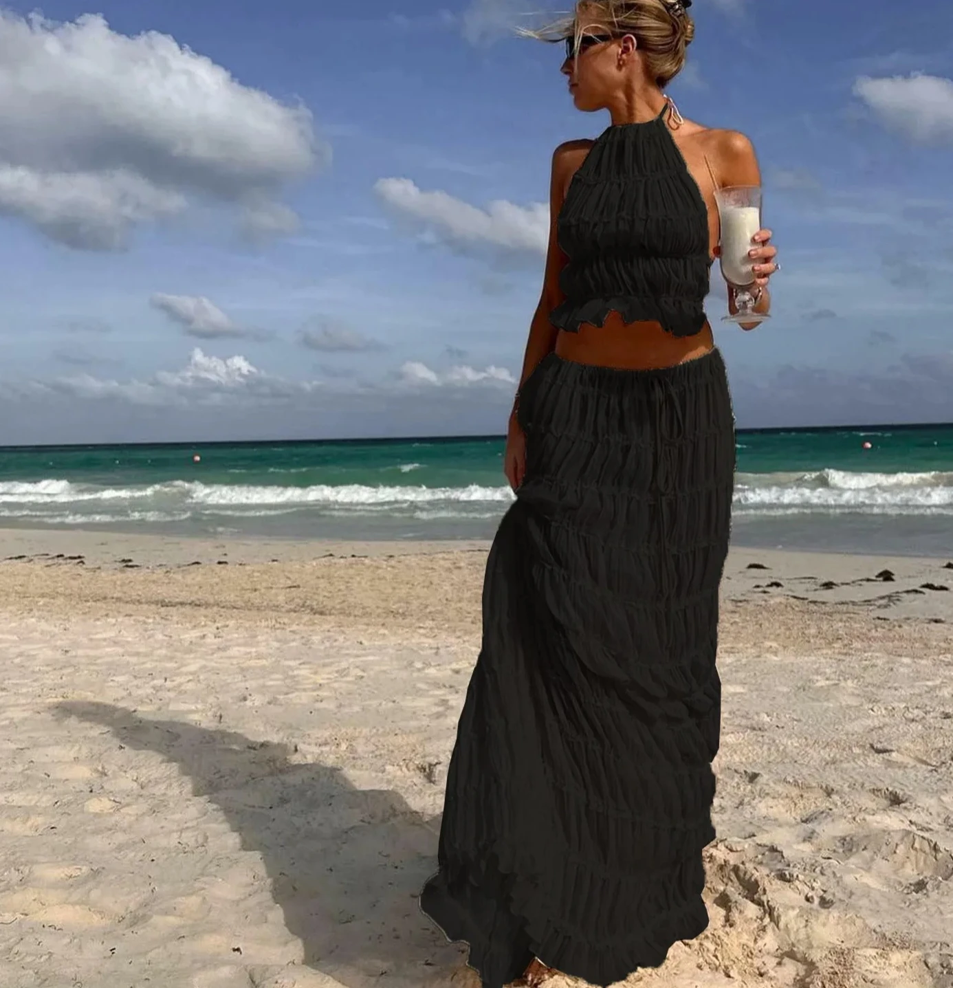 2Piece Skirt Set for Women Lace Up Back Tank Tops Tie Up High Waist Long Skirts Outfits Fairy Vacation Cottagecore Dress